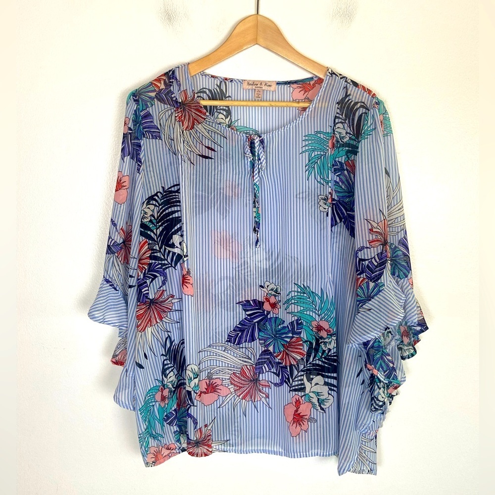 Harlow & Rose Sheer Chiffon Floral Striped Top Size 2X‎ Blue Ruffle